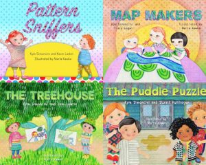 The four ELSA picture book covers: Pattern Sniffers, Map Makers, The Treehouse and The Puddle Puzzle.