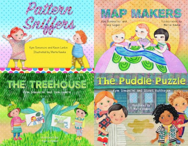 The four ELSA picture book covers: Pattern Sniffers, Map Makers, The Treehouse and The Puddle Puzzle.